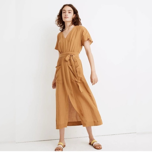 Madewell Dresses & Skirts - Madewell Linen-Blend Dolman Sleeve Tie-Waist Midi Dress Toffee/Mustard size 6